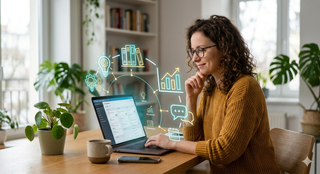 Jak wykorzystać AI w Content Marketingu? Oszczędziłem 3h na samym researchu! 2 Kreatywna kobieta planująca strategię AI w Content Marketingu przy użyciu nowoczesnych narzędzi cyfrowych.