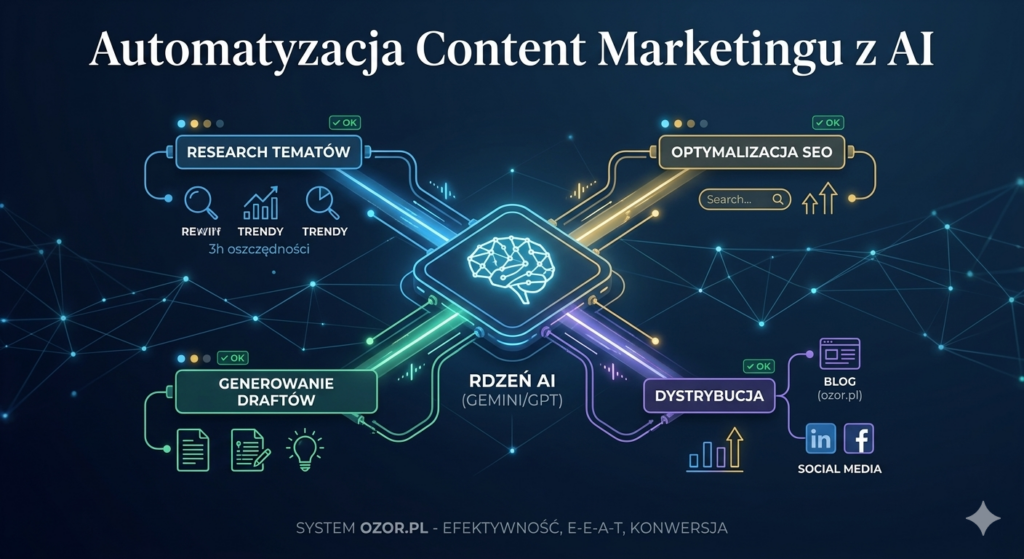 Jak wykorzystać AI w Content Marketingu? Oszczędziłem 3h na samym researchu! 3 Infografika pokazująca schemat automatyzacji procesów marketingu treści z wykorzystaniem sztucznej inteligencji (AI), obejmująca research, generowanie draftów i dystrybucję.
