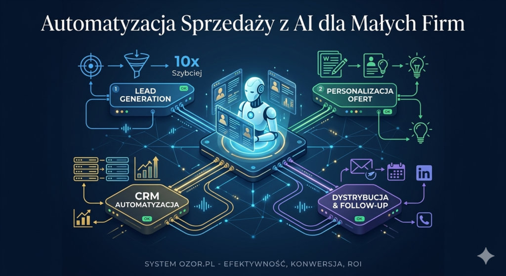 Jak pozyskać klientów dzięki AI? Moja strategia automatyzacji, która sprzedaje, gdy ja odpoczywam. 1 Futurystyczny schemat automatyzacji sprzedaży i pozyskiwania klientów z AI dla małych firm.