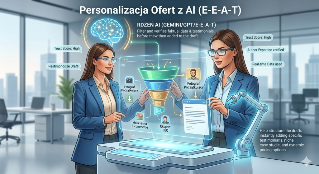 Jak pozyskać klientów dzięki AI? Moja strategia automatyzacji, która sprzedaje, gdy ja odpoczywam. 1 Kreatywna kobieta w biurze używa interfejsu AI do personalizacji ofert sprzedaży i analizy profili klientów.