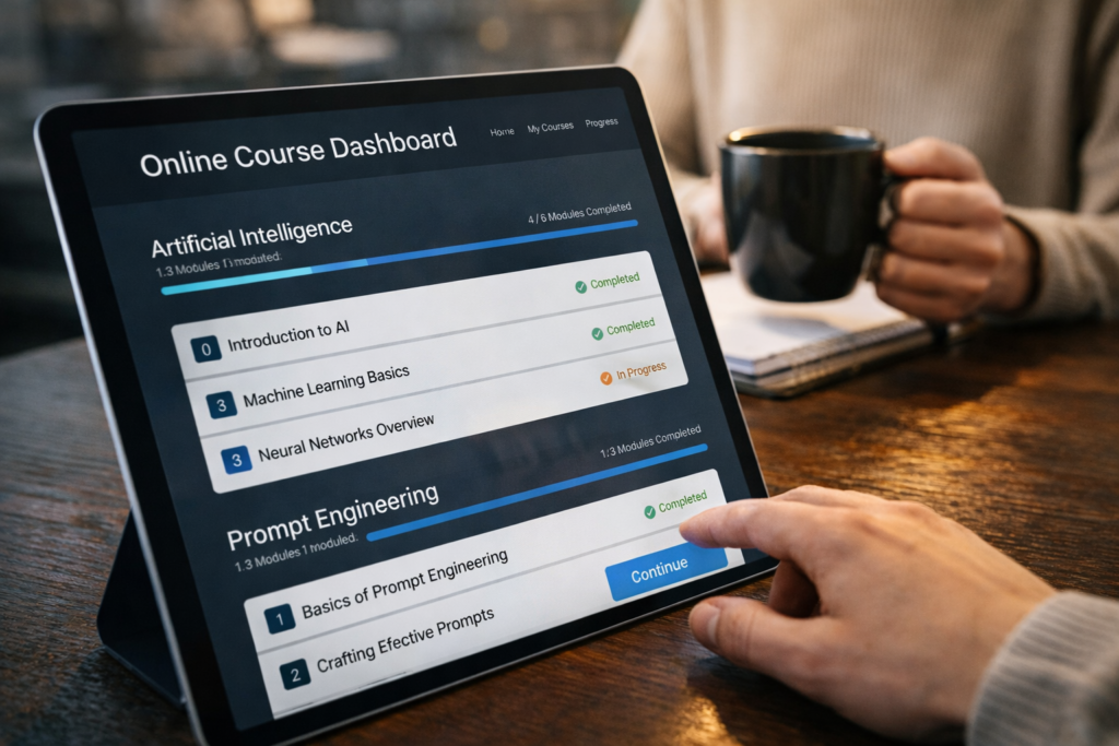 Przegląd kursu AI na Strefie Kursów – moduły prompt engineering i automatyzacja procesów.