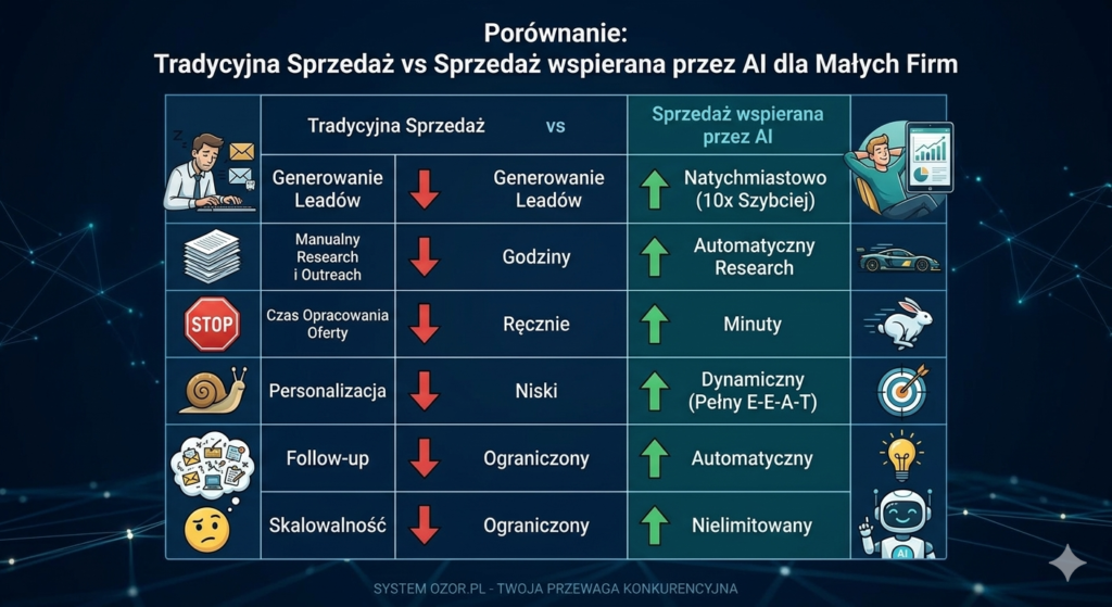 Jak pozyskać klientów dzięki AI? Moja strategia automatyzacji, która sprzedaje, gdy ja odpoczywam. 4 Profesjonalna infografika porównująca tradycyjną sprzedaż manualną z automatyzacją sprzedaży wspieraną przez AI.