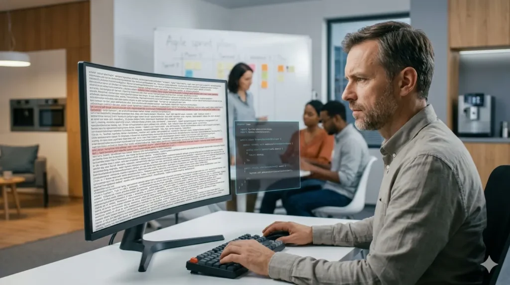 Kurs IT vs praca w 2026: 5 brakujących ogniw edukacji online 1 Skupiony programista w biurze w 2026 roku pracujący nad refaktoryzacją skomplikowanego, starego kodu (legacy code) wyświetlonego na zakrzywionym monitorze