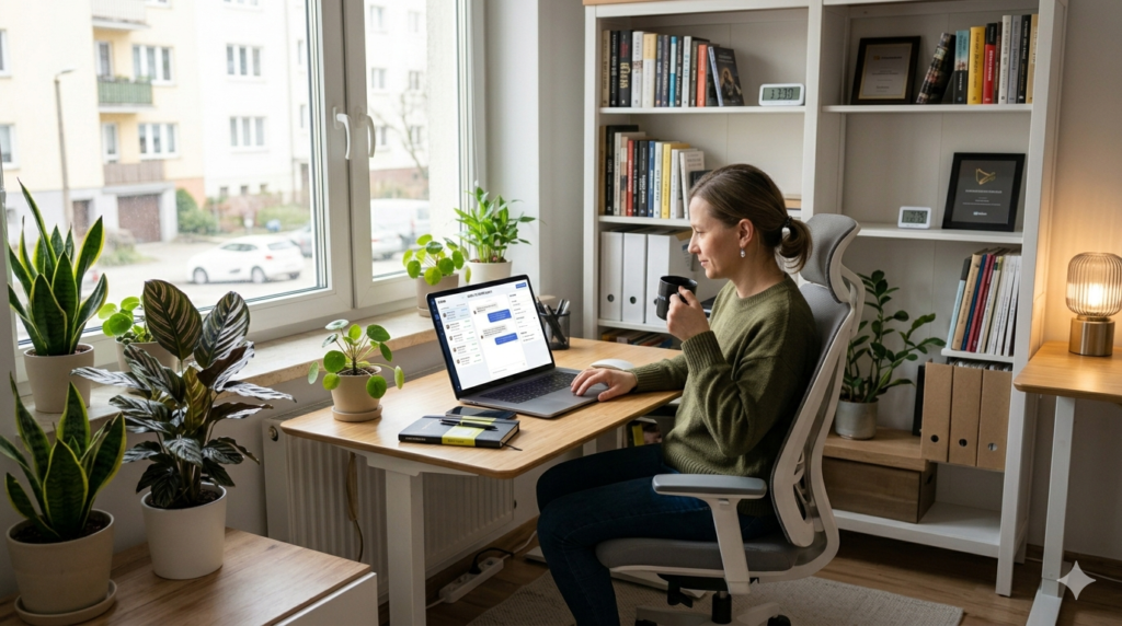 Przedsiębiorca pozyskuje klientów z pomocą narzędzi AI na laptopie