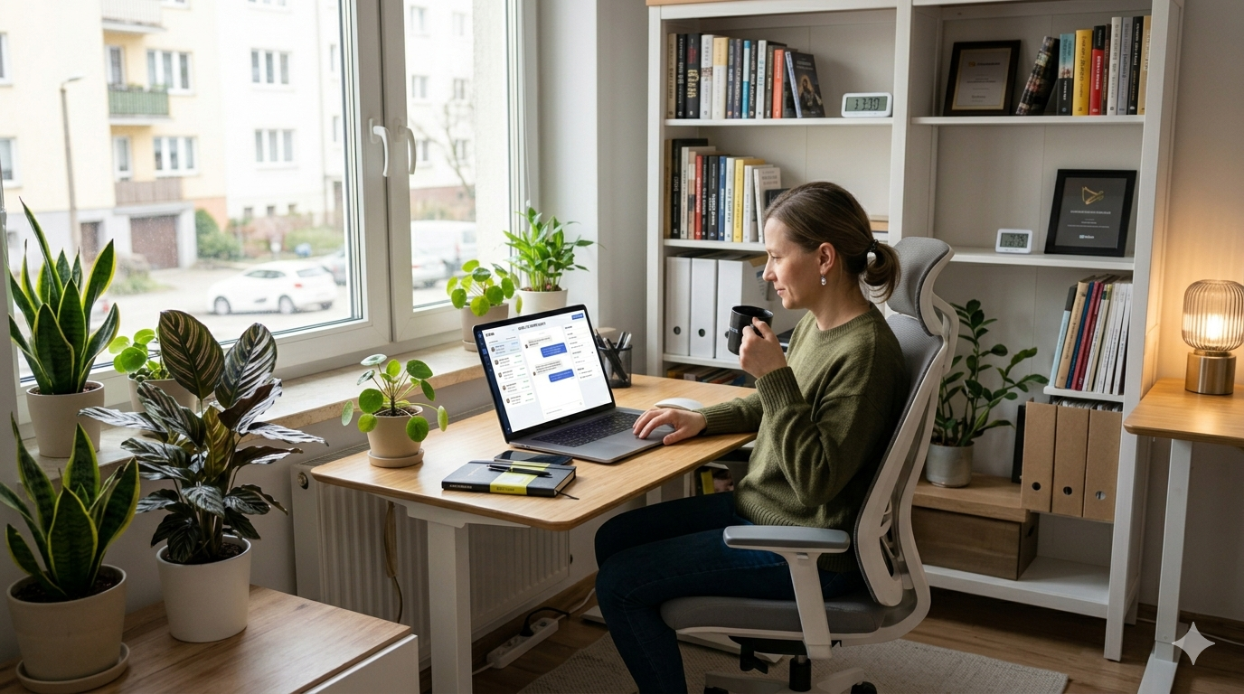 Przedsiębiorca pozyskuje klientów z pomocą narzędzi AI na laptopie