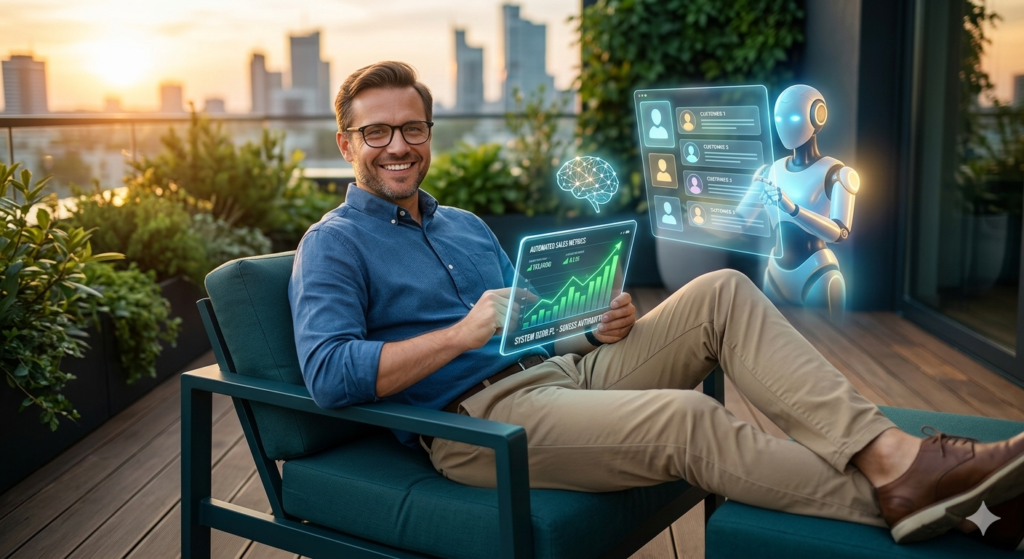 Jak pozyskać klientów dzięki AI? Moja strategia automatyzacji, która sprzedaje, gdy ja odpoczywam. 5 Zrelaksowany Jacek, właściciel ozor.pl, ogląda automatyczne raporty sprzedaży na tablecie przy zachodzie słońca na tarasie w Łodzi.
